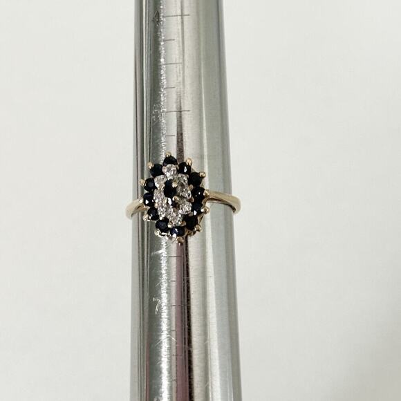 Vintage 10K Yellow Gold Sapphire & Diamond Halo Cluster Ladies Band Ring Size 6 - Picture 6 of 16